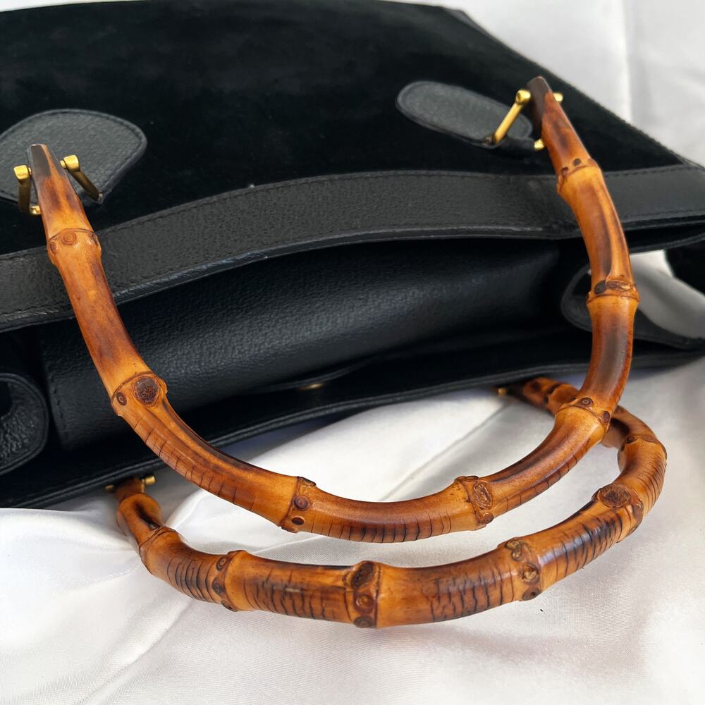 GUCCI Bamboo Diana Vintage Tote Bag Black Suede Leather Top Handles 1990s - Picture 5 of 17